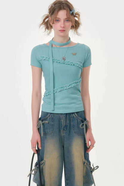 Misty Pleats Lace Ruffle T-Shirt