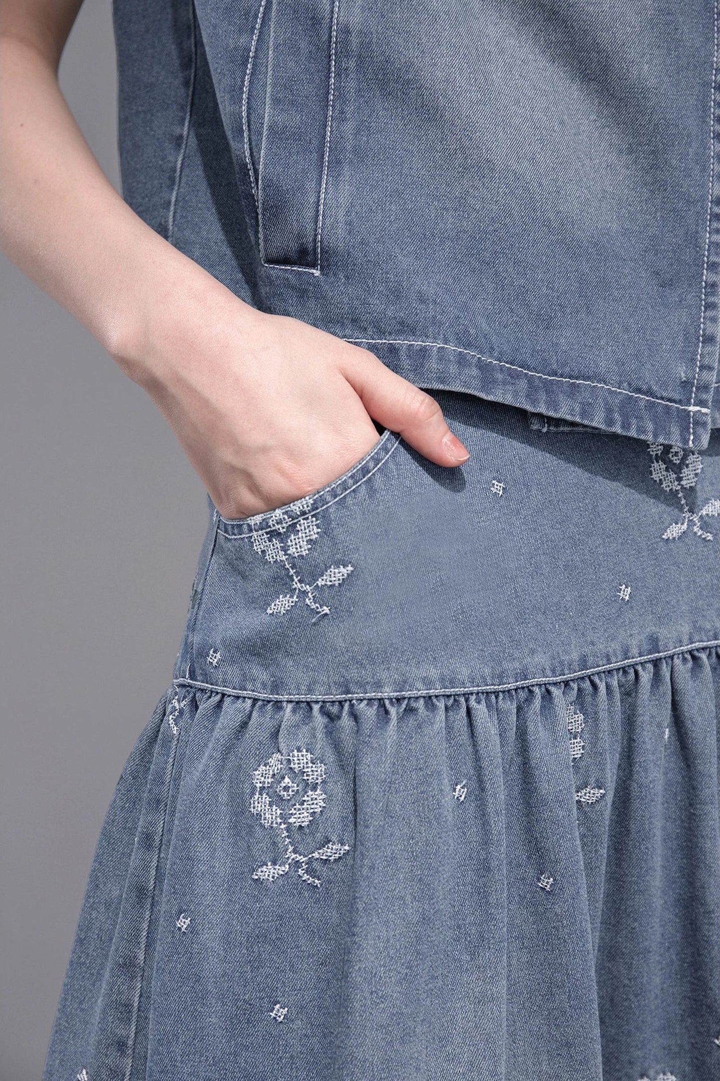 Gentle Denim Cropped Top and Skirt Set
