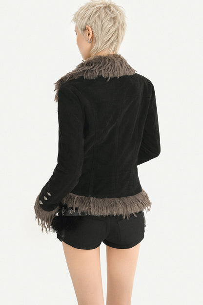 Retro Punk Black Fur Collar Jacket