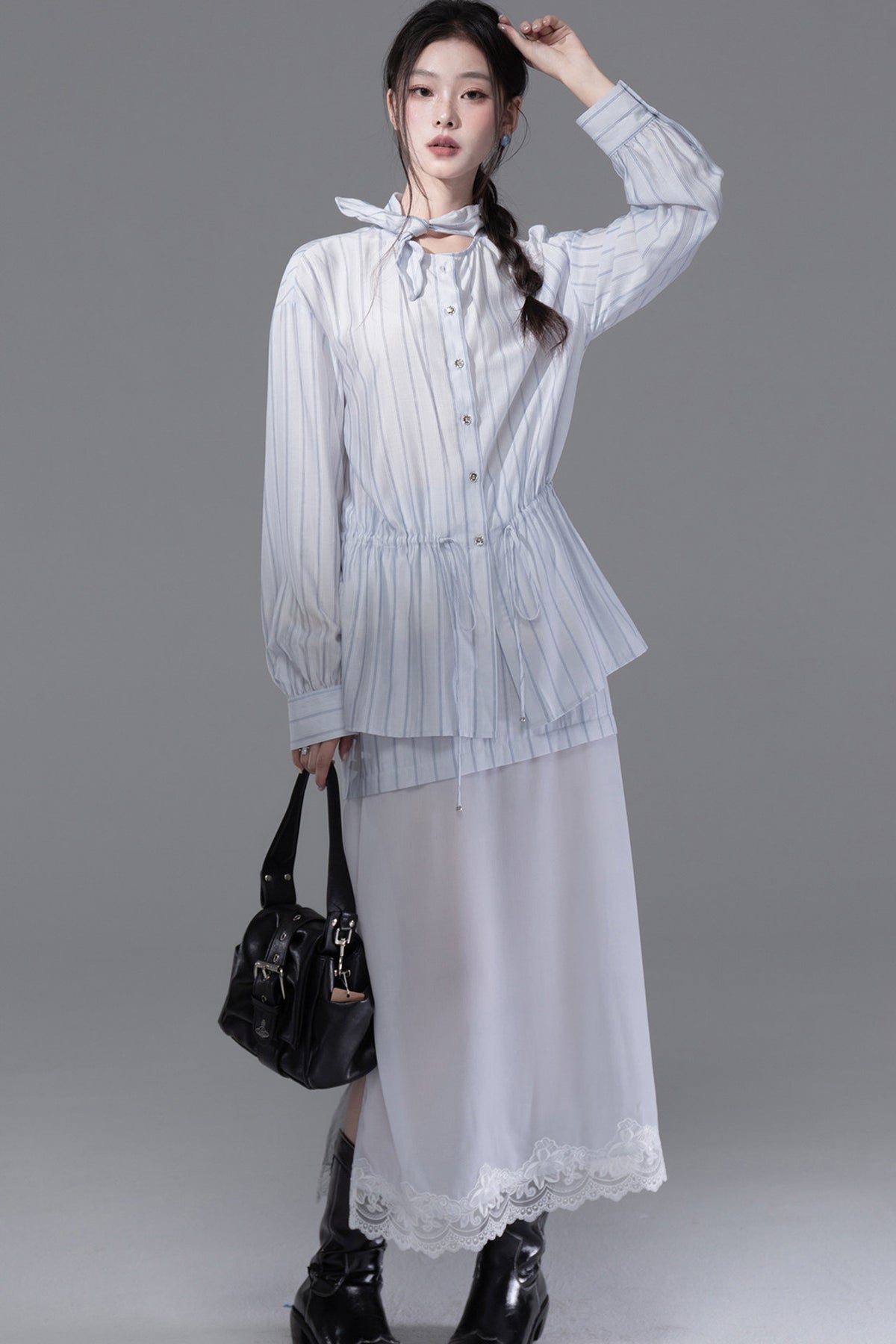 Bunny Ear Ribbon Drawstring Shirt and Skirt Set-Up