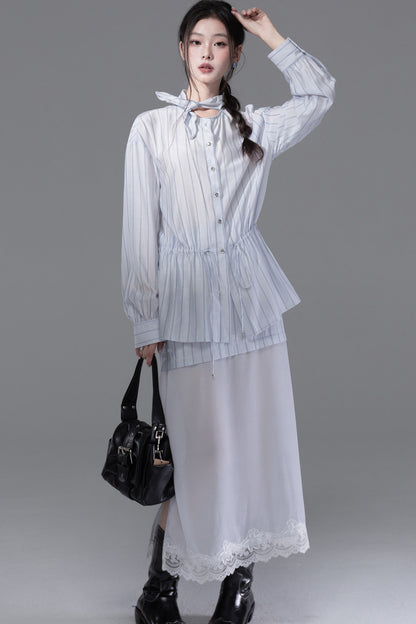 Bunny Ear Ribbon Drawstring Shirt and Skirt Set-Up