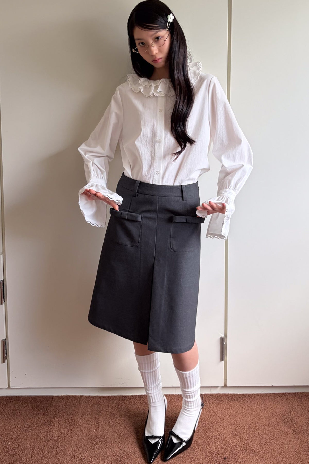 Gray Woolen Bow Pocket Skirt
