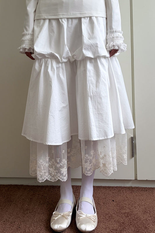 White Lace Trim Puffy Mid-Length Skirt