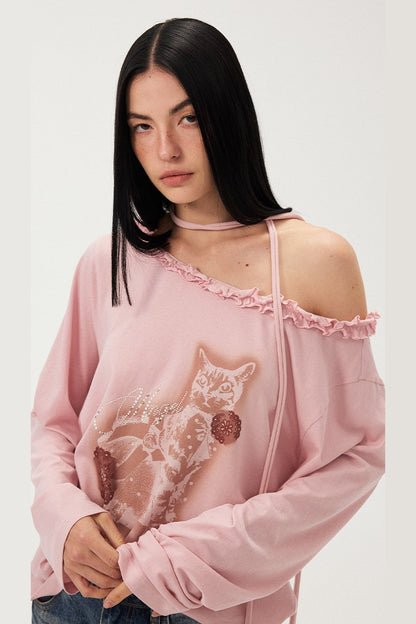 Cat Print Ruffle Off Shoulder Top