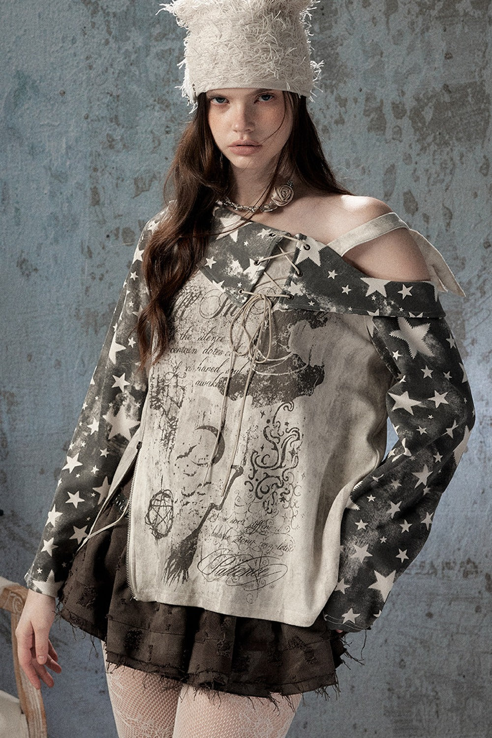 Plaid Wing Off-Shoulder Long-Sleeve T-Shirt