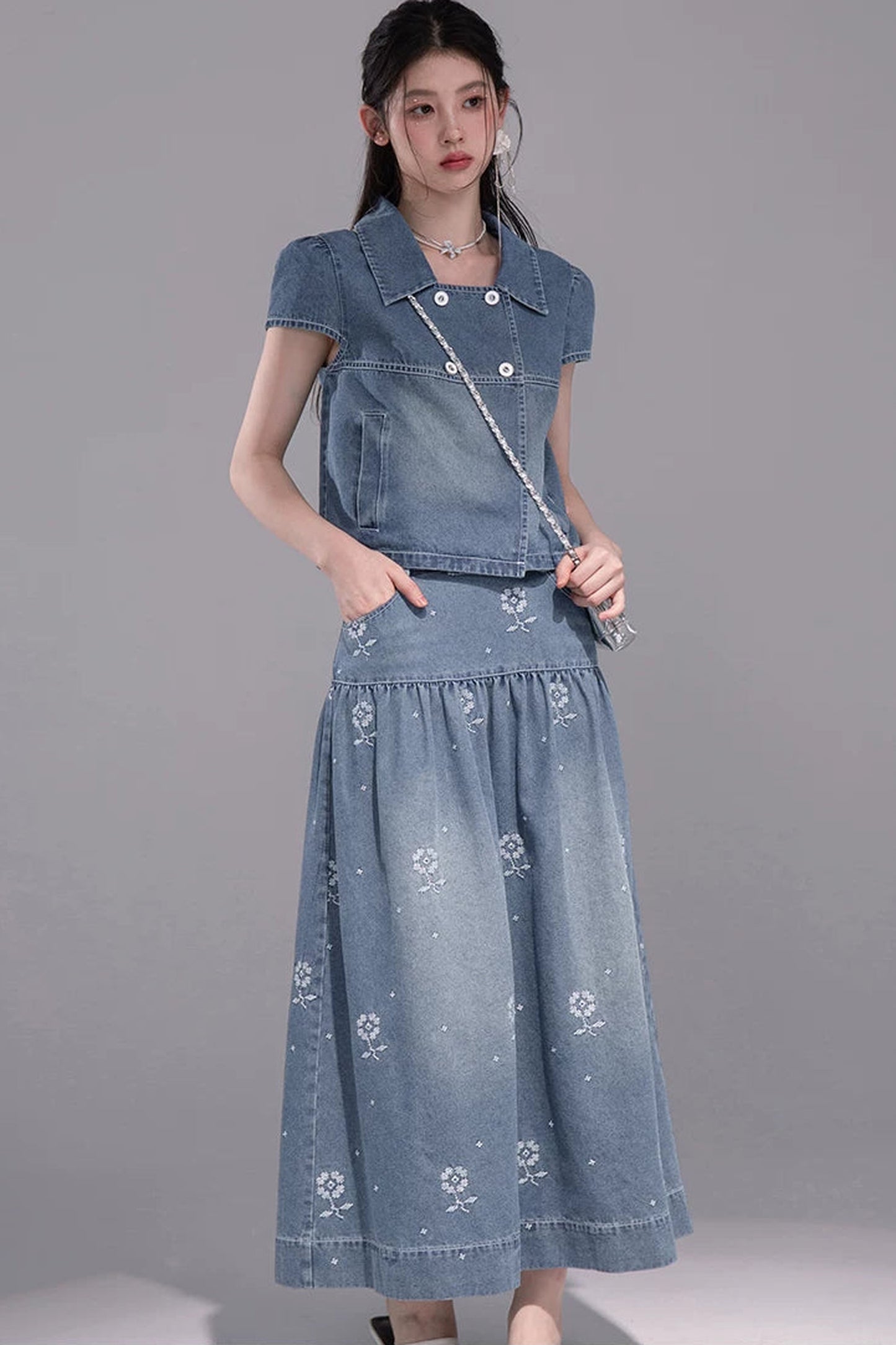 Gentle Denim Cropped Top and Skirt Set