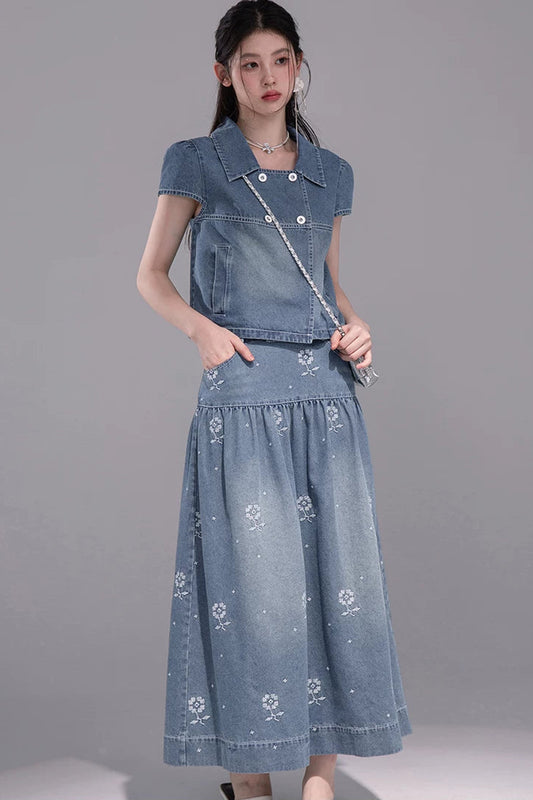 Gentle Denim Cropped Top and Skirt Set