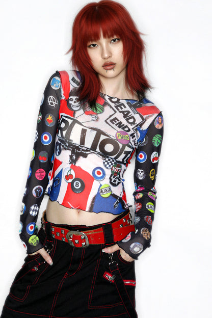 Y2K Graphic Long Sleeve Mesh Top