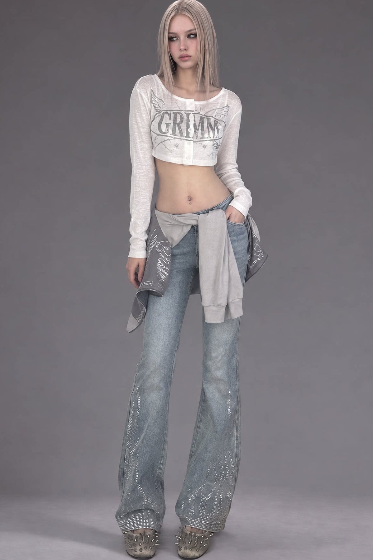 Low-Waisted Rhinestone Flared Jeans