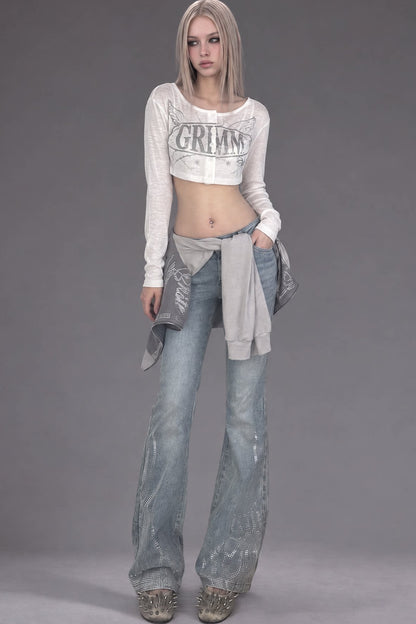 Low-Waisted Rhinestone Flared Jeans