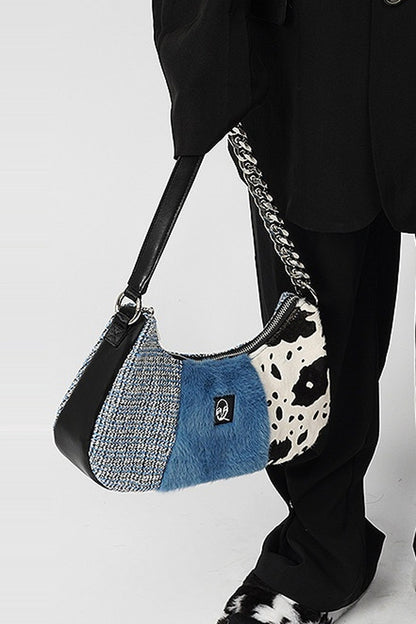 Genuine Leather Color-Block Crossbody Bag