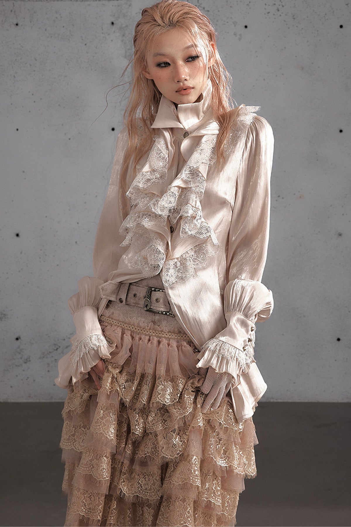 Ruffled Lace Patchwork Satin Blouse