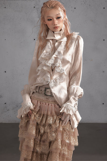 Ruffled Lace Patchwork Satin Blouse