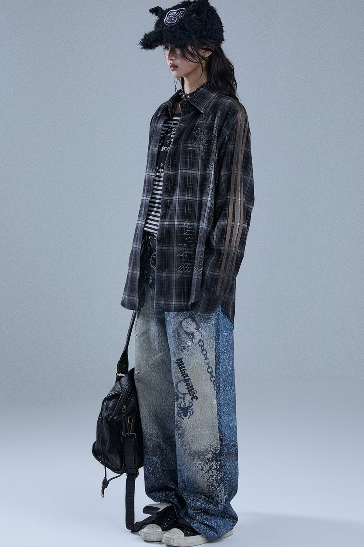 Long-Sleeved Striped Patchwork Plaid Shirt