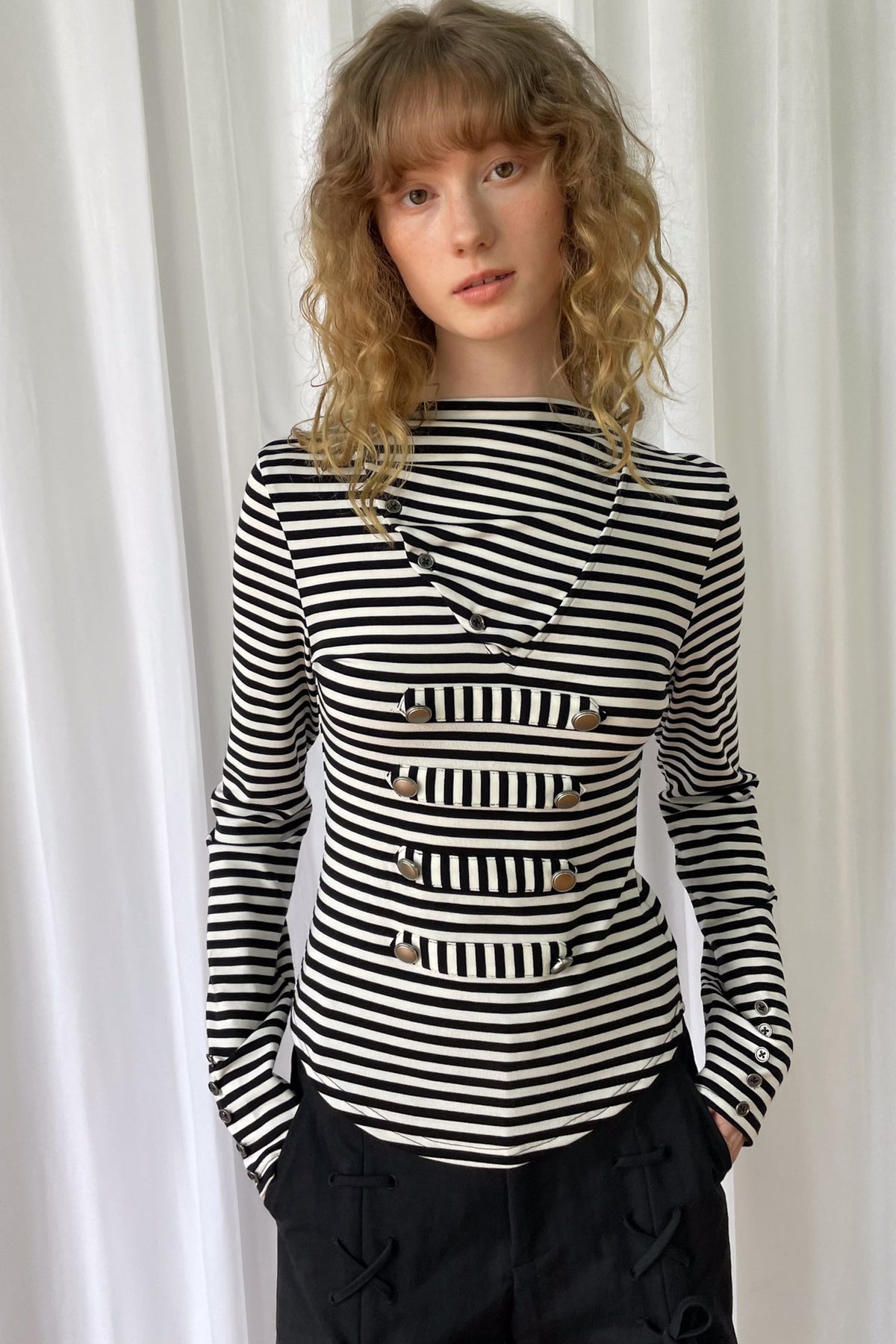Metal Buckle Striped Knit Hood Top