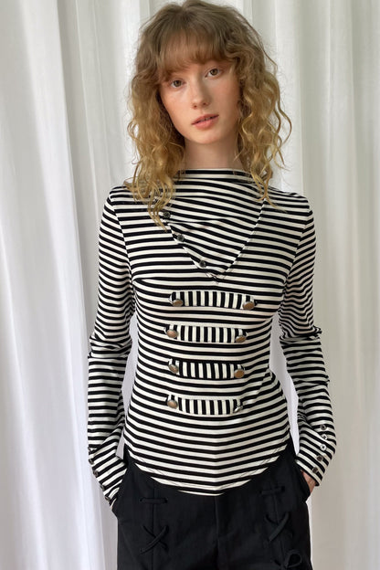 Metal Buckle Striped Knit Hood Top