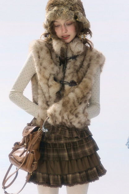 Plush Patchwork Plaid Leopard Horn Button Jacket