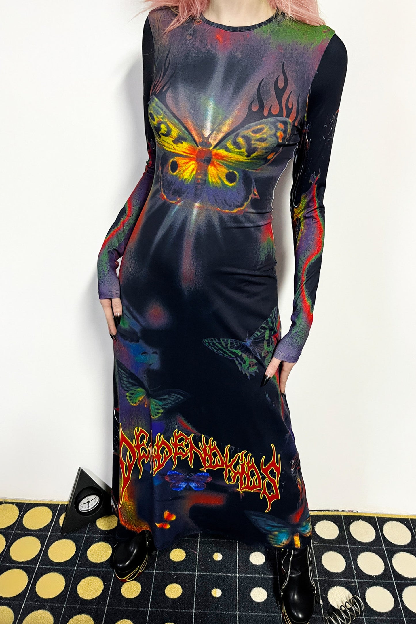 Butterfly Print Flame Long-Sleeved Dress