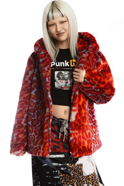 Leopard Print Fur Hooded Jacket