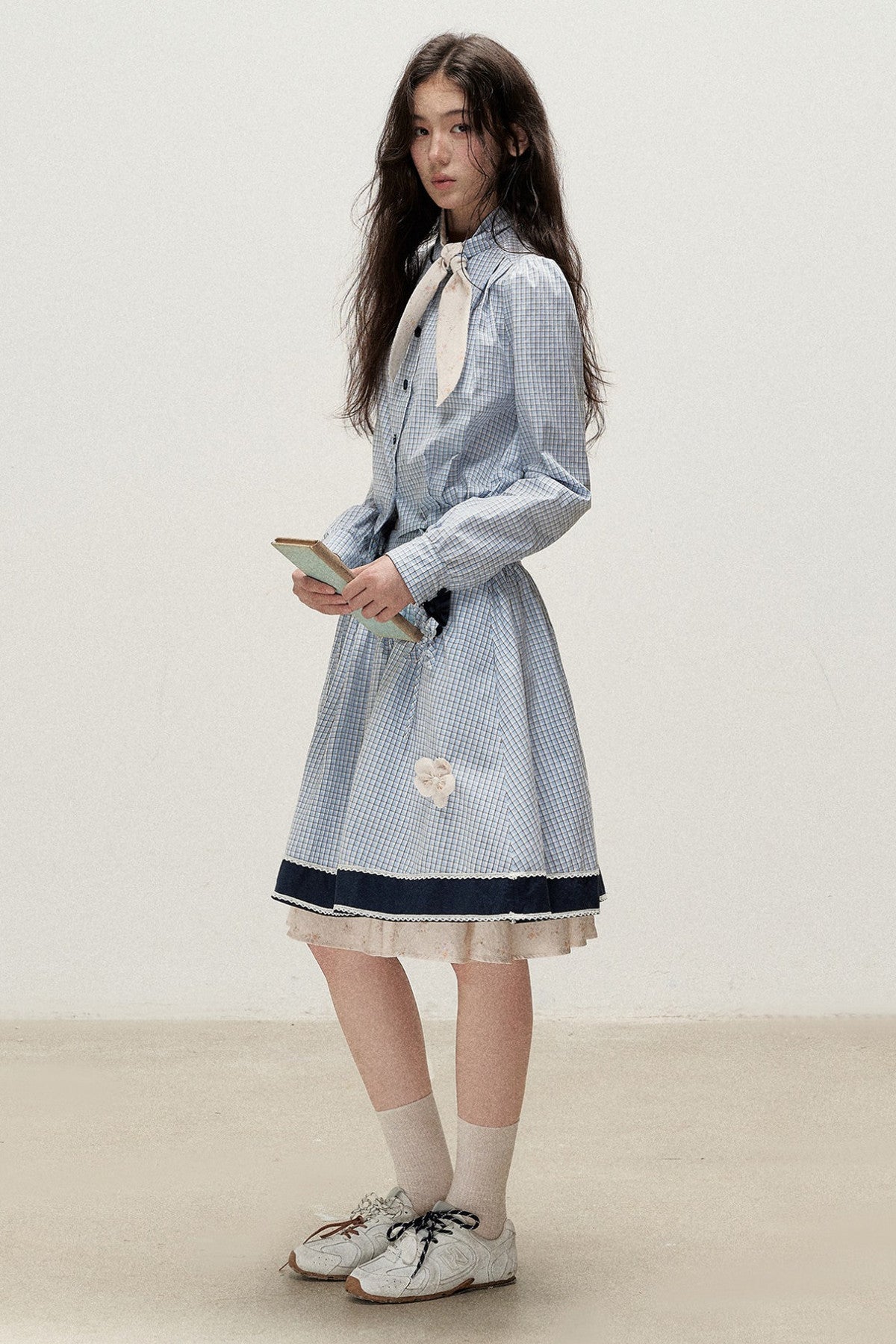 Plaid Contrast Ribbon Shirt and Skirt Set-Up