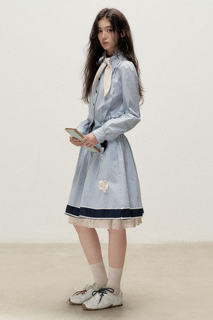 Plaid Contrast Ribbon Shirt and Skirt Set-Up
