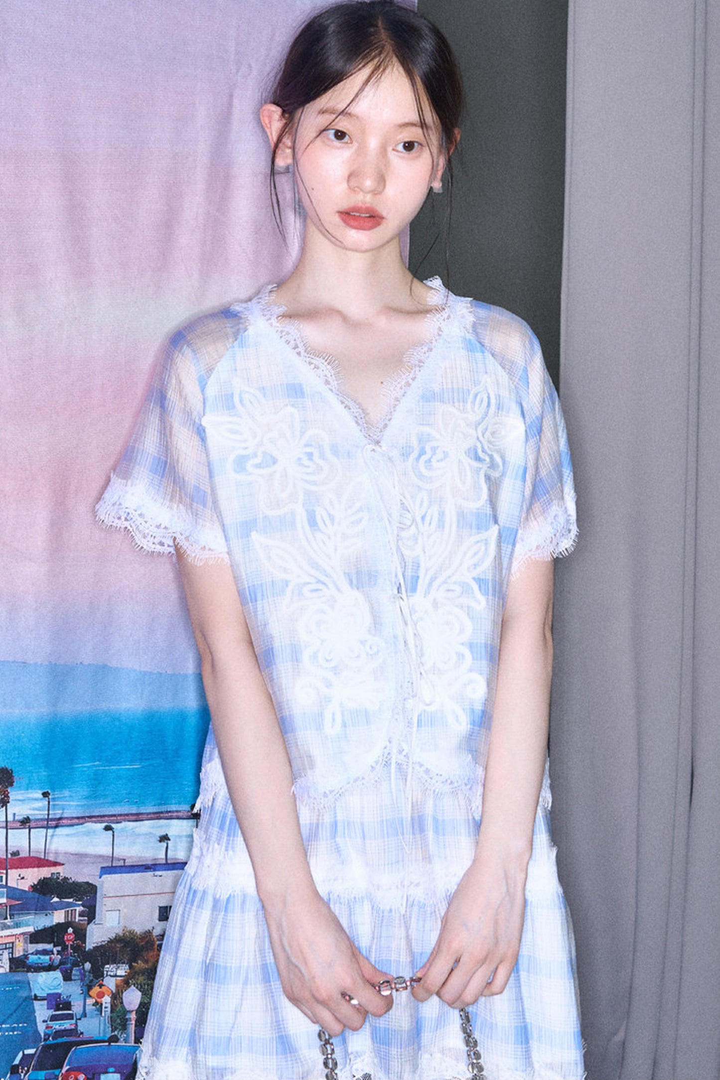 Blue White Checkered Lace Tencel Top Skirt Set-Up