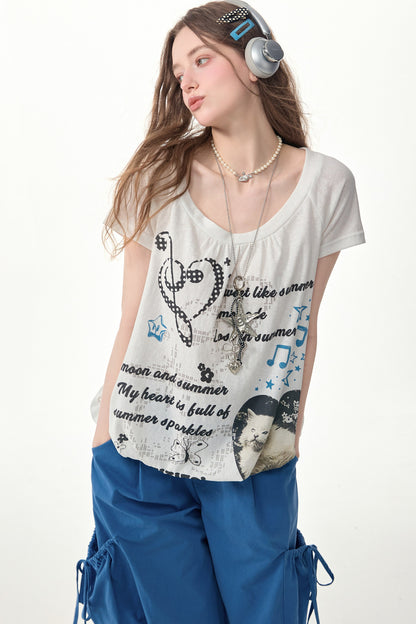Marineblaues Kurzarmshirt mit Katzenmotiv