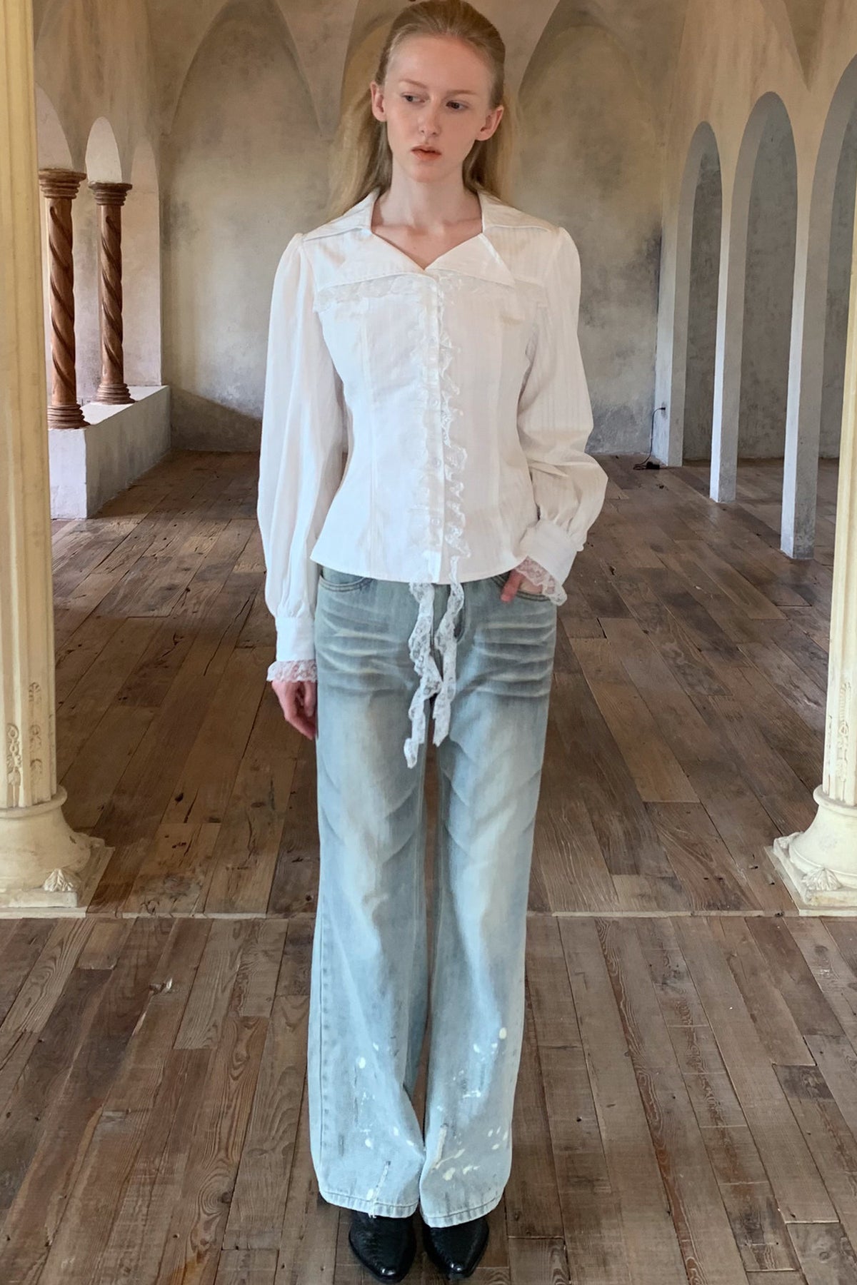 Lace Irregular Hem Long Sleeve Shirt