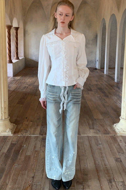 Lace Irregular Hem Long Sleeve Shirt