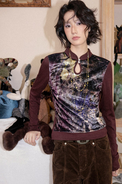 Mandarin Collar Velvet Long-Sleeve T-Shirt