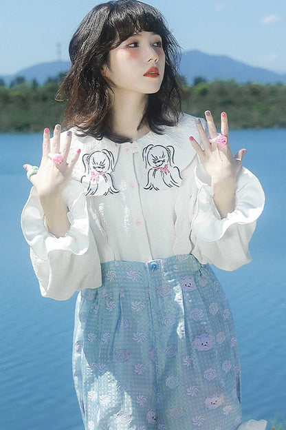 Dog Embroidered Plaid Puff Sleeve Shirt