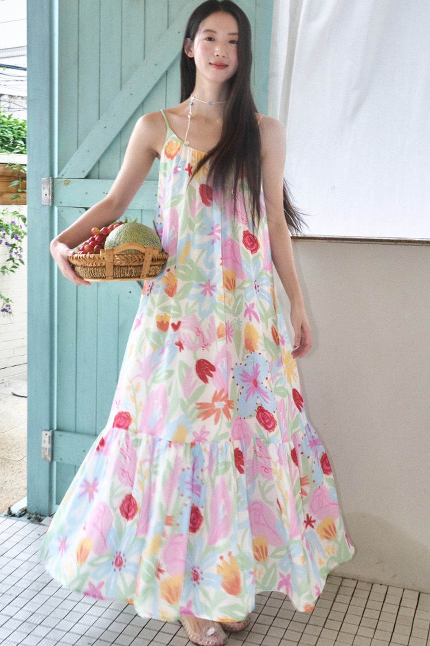 Hand-Painted Watercolor Flower Print Strap Dress
