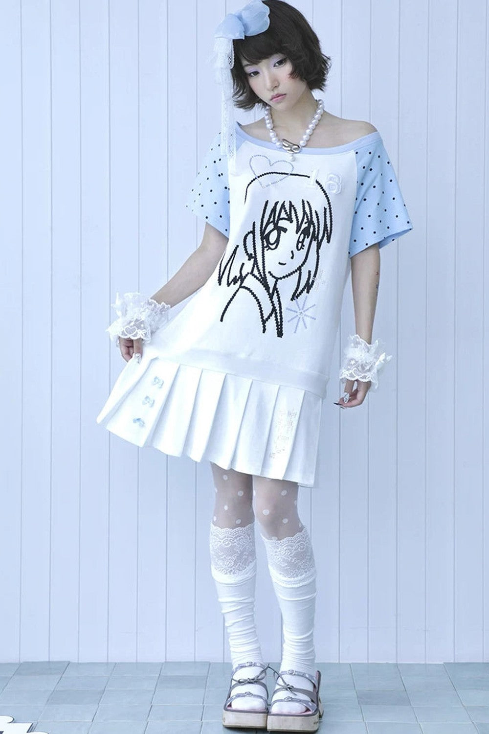 Blue White One-Shoulder Pleated Dress