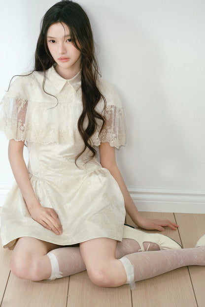Champagne Satin Jacquard Cape-Style Puffy Dress