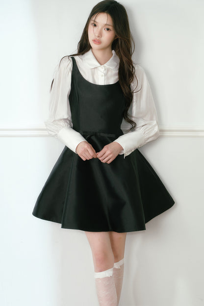 Glossy Black Spaghetti Strap A-Line Dress