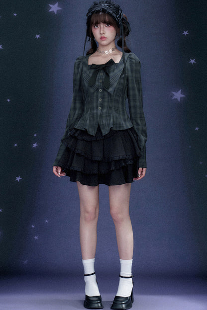 Blue Black Plaid Square Neck Shirt
