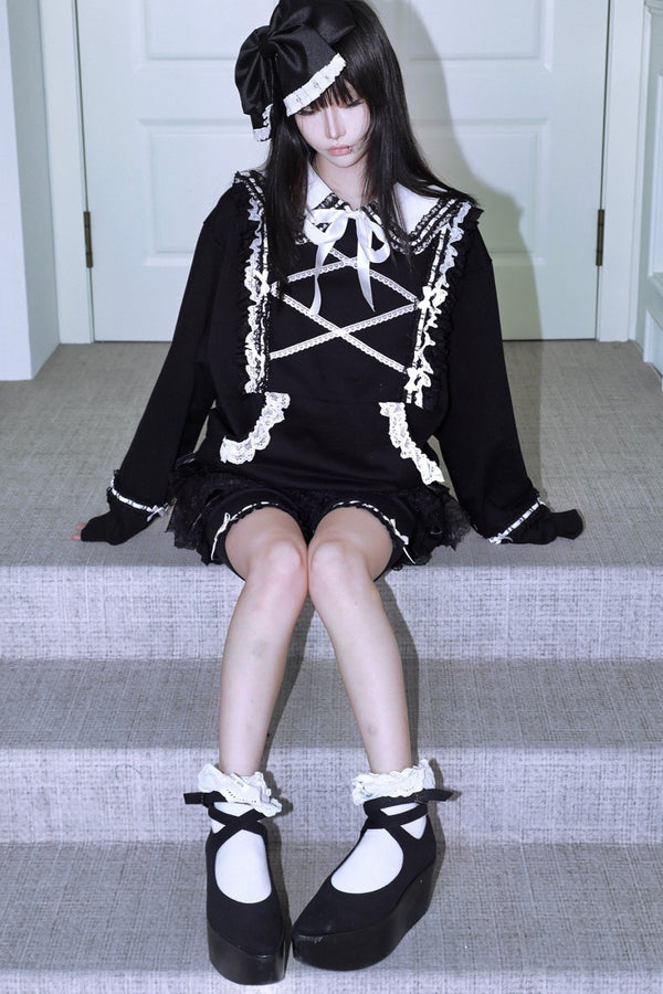 Bow Lace Trim Detachable Collar Sweatshirt and Leggings Set-Up