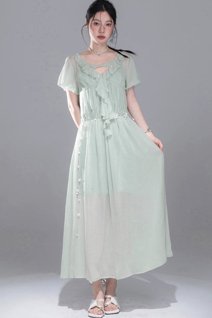 Lyocell Chiffon Puff Sleeve Dress
