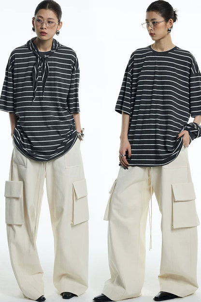 Oversize Gray White Striped Mid-Sleeve Tee