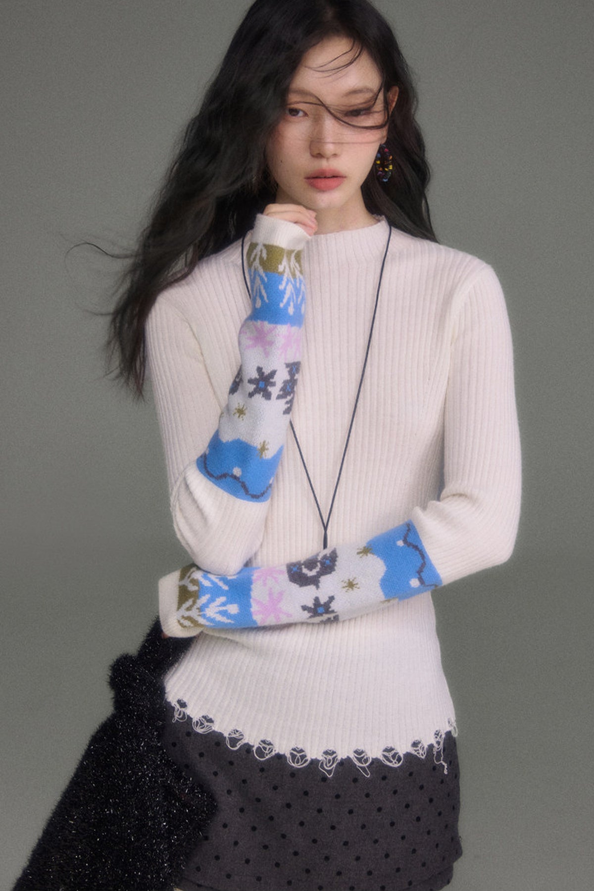 Wool Blend Bird Jacquard Knit Top