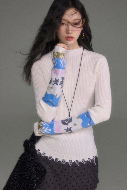 Wool Blend Bird Jacquard Knit Top