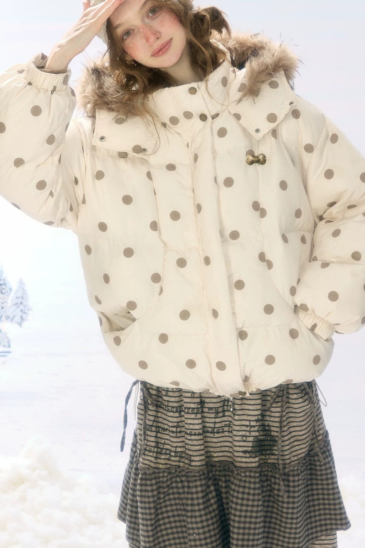 Polka Dot Fur Collar Hooded Down Jacket