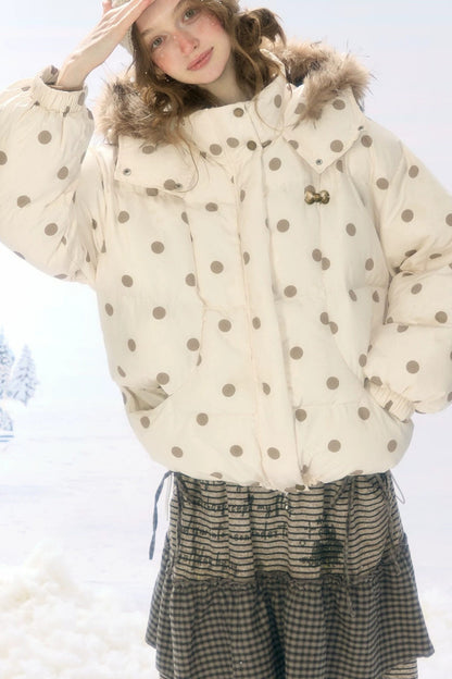 Polka Dot Fur Collar Hooded Down Jacket