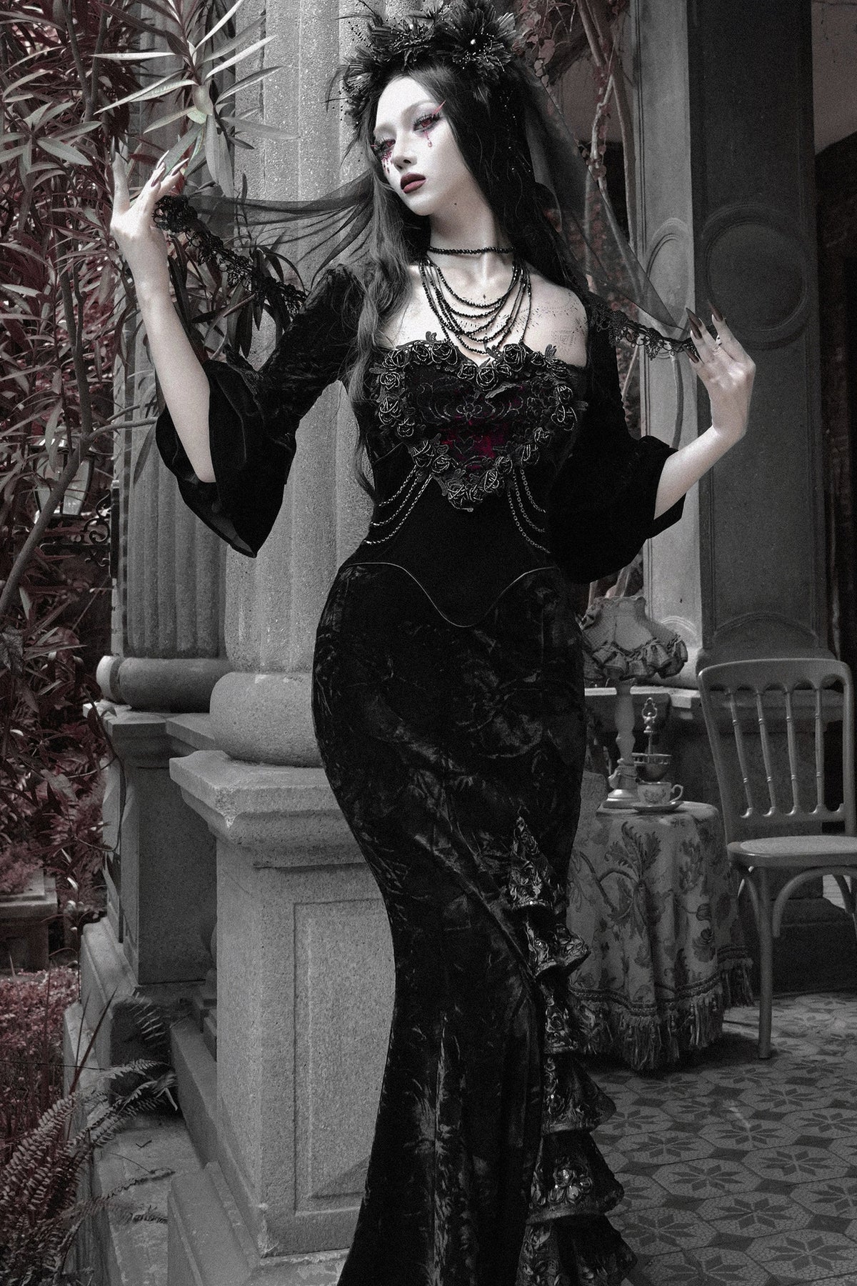 Burgundy Velvet Strapless Fishtail Dress Set-Up