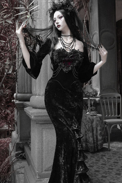 Burgundy Velvet Strapless Fishtail Dress Set-Up