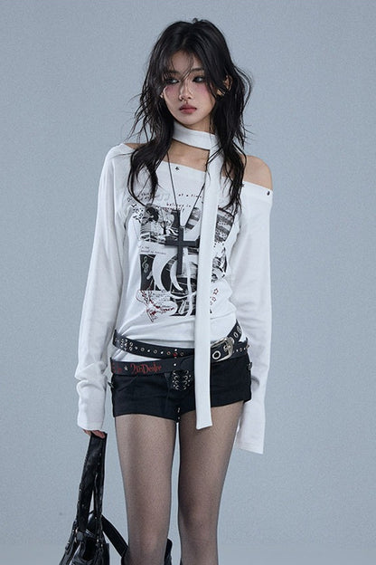 White Off-Shoulder Graphic Long-Sleeve T-Shirt