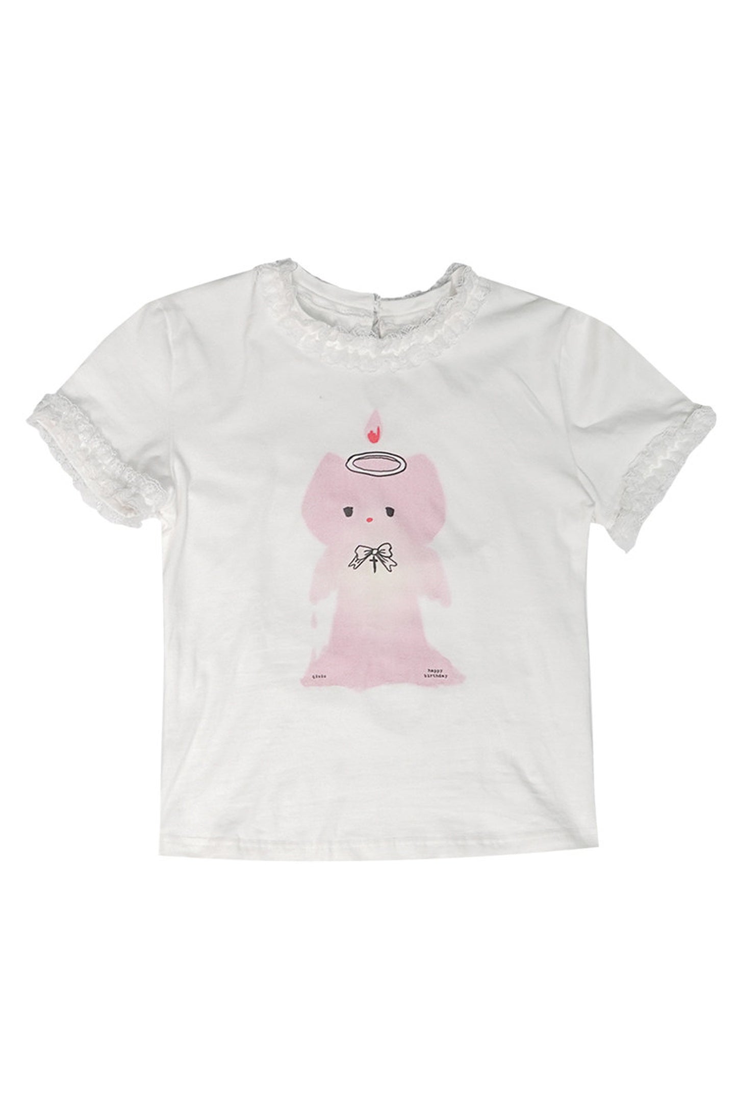 Tee-shirt à manches courtes en dentelle à imprimé chat angelot