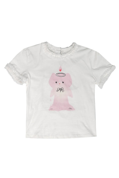 Tee-shirt à manches courtes en dentelle à imprimé chat angelot