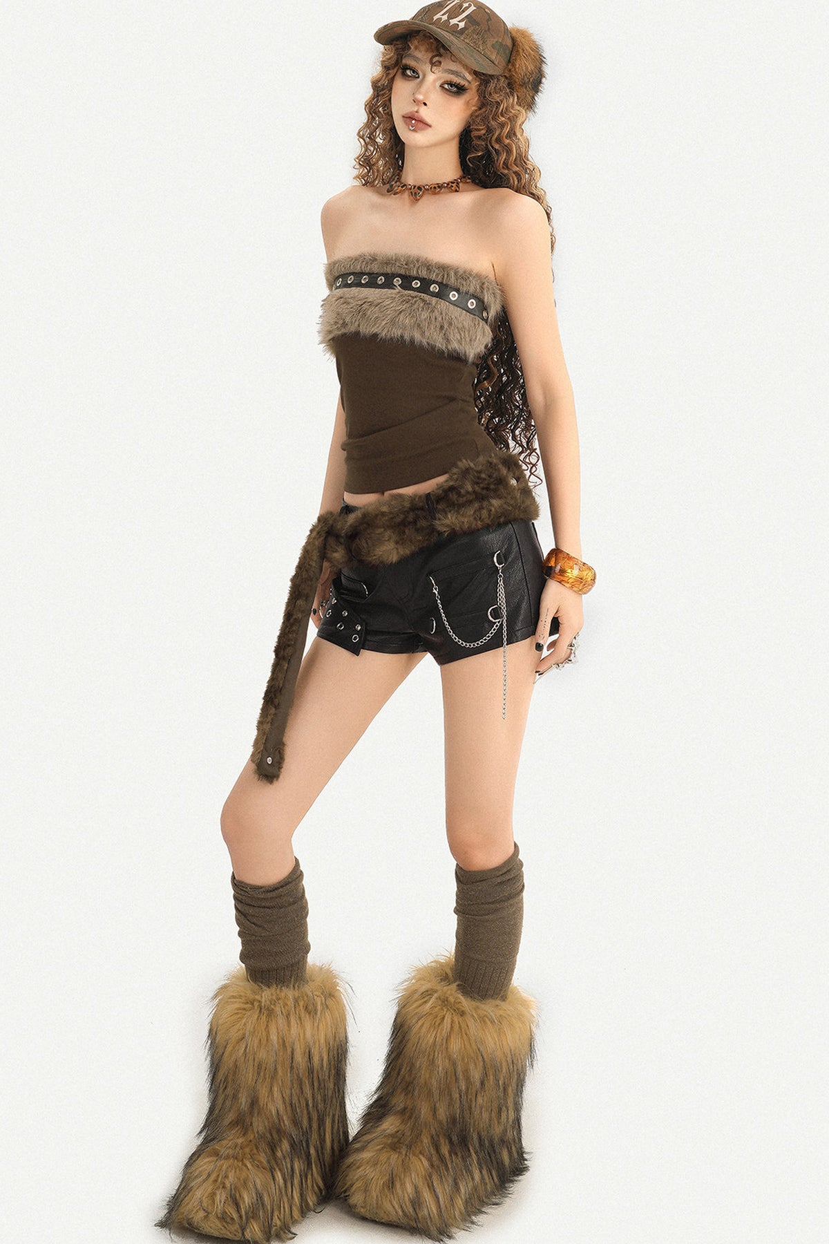 Fur Belt Ultra-Short Leather Shorts