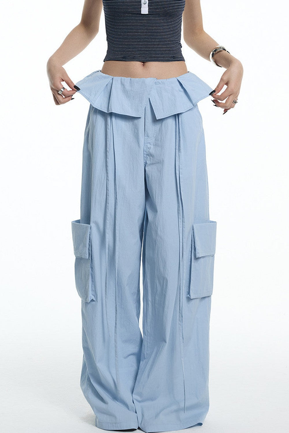 Ruffled Glacier Blue Wide-Leg Pants